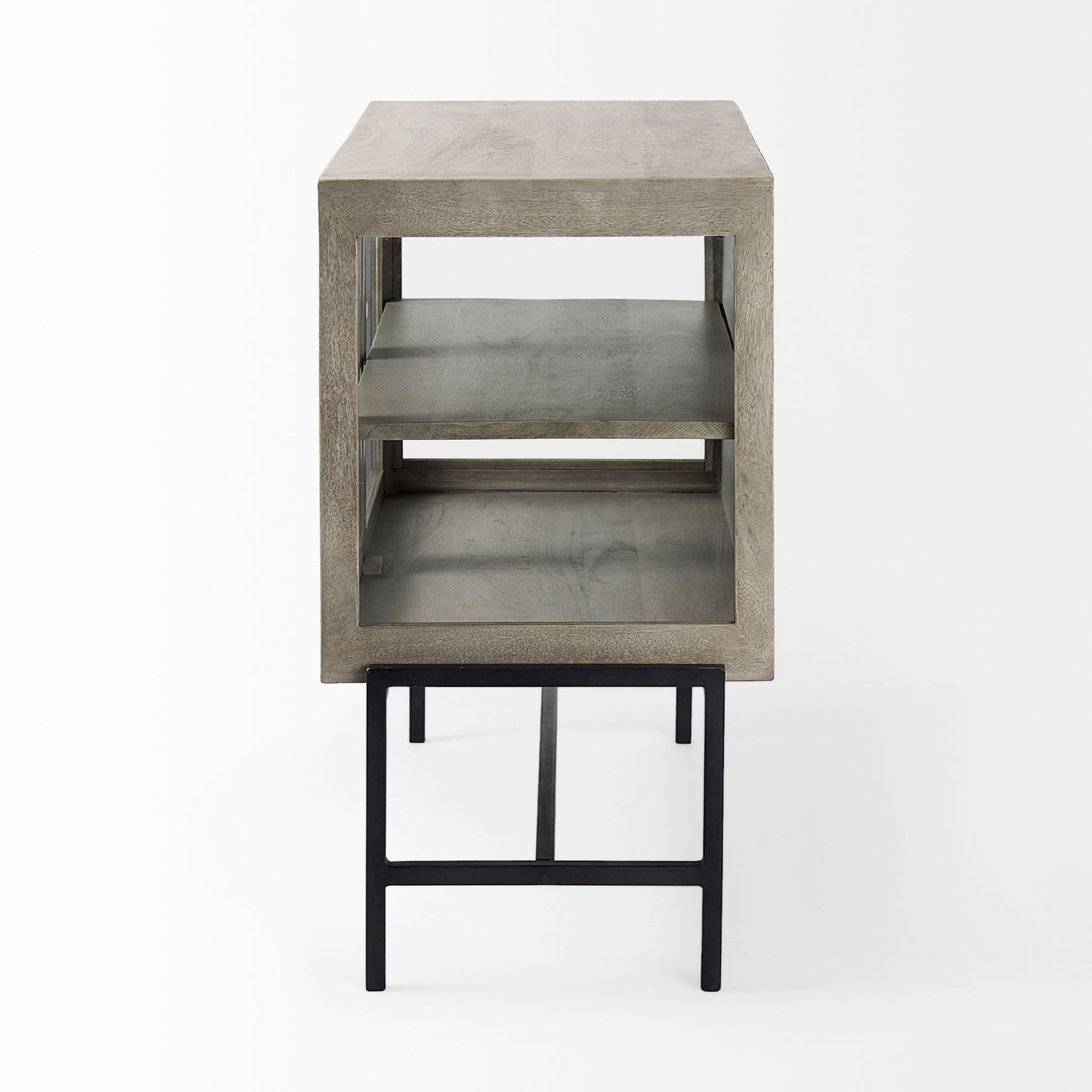 Arelius 36L x 18W x 32H Gray Wood, Black Metal Base w/ 2 Glass Doors Accent Cabinet
