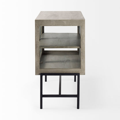 Arelius 36L x 18W x 32H Gray Wood, Black Metal Base w/ 2 Glass Doors Accent Cabinet
