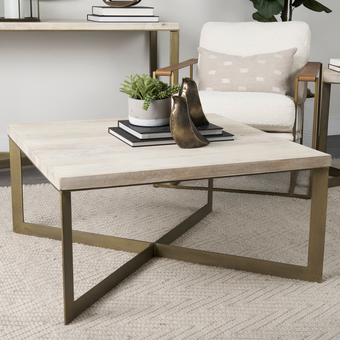 Faye 34L x 34W x 17H Beige Finished Wood W/Gold Metal Base Square Coffee Table