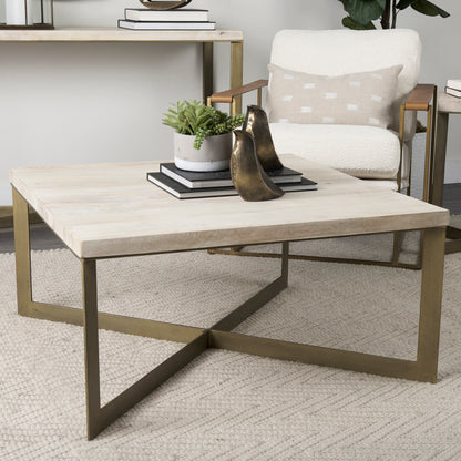Faye 34L x 34W x 17H Beige Finished Wood W/Gold Metal Base Square Coffee Table