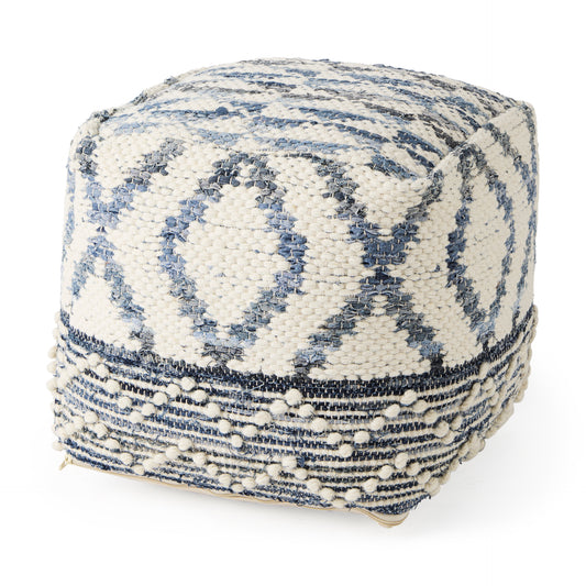 Eshana 16.0L x 16.0W x 16.0H Cream Wool and Denim Patterned Pouf