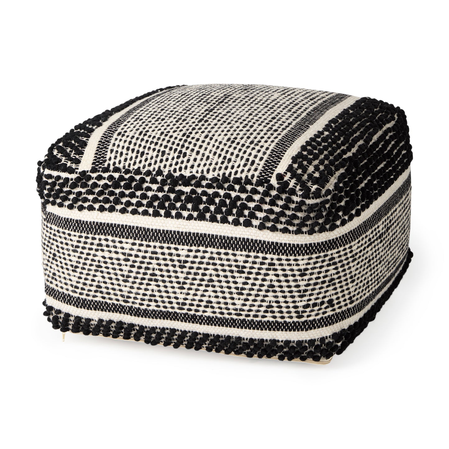 Garima 22.0L x 22.0W x 14.0H Black/White Wool and Cotton Patterned Pouf