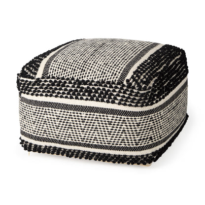Garima 22.0L x 22.0W x 14.0H Black/White Wool and Cotton Patterned Pouf