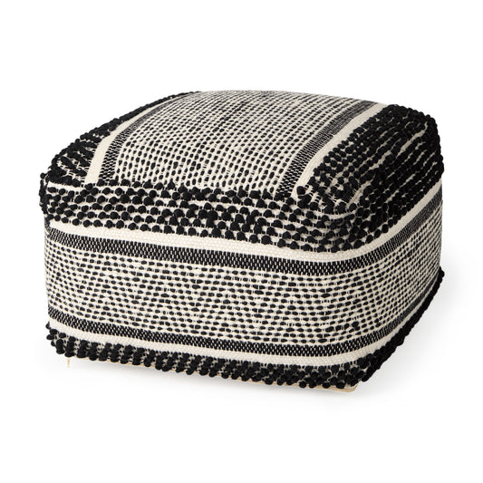 Garima 22.0L x 22.0W x 14.0H Black/White Wool and Cotton Patterned Pouf