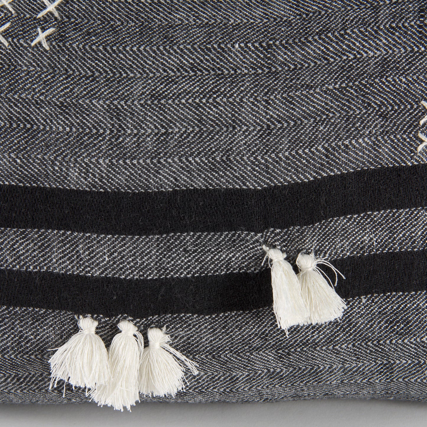 Sibyl 13L x 21W Black Fabric Striped and White Fringed Decorative Pillow Cover