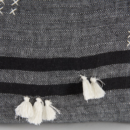 Sibyl 13L x 21W Black Fabric Striped and White Fringed Decorative Pillow Cover