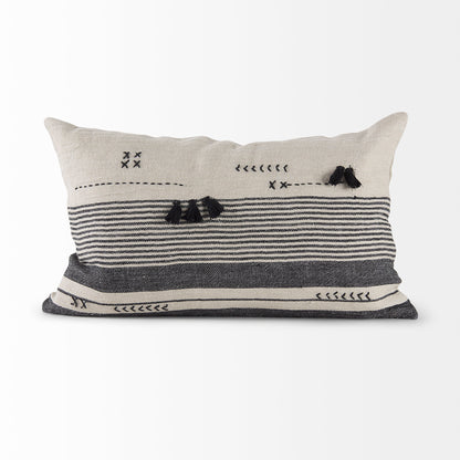 Thalia 13L x 21W Black and Beige Fabric Striped and Fringed Decorative Pillow Cover