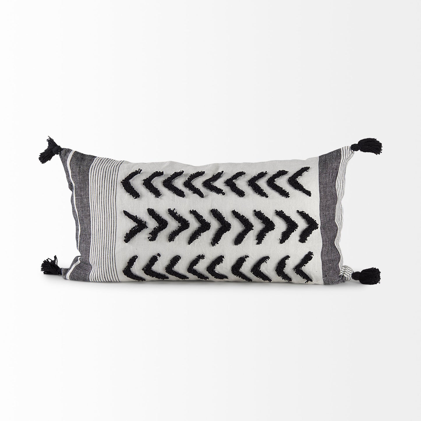 Kimia 14L x 26W White and Black Fabric Herringbone and Fringed Decorative Pillow Cover