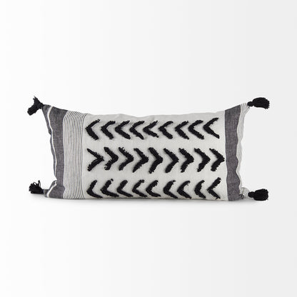 Kimia 14L x 26W White and Black Fabric Herringbone and Fringed Decorative Pillow Cover
