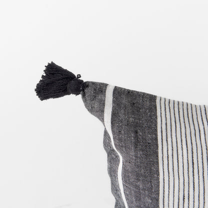 Kimia 14L x 26W White and Black Fabric Herringbone and Fringed Decorative Pillow Cover