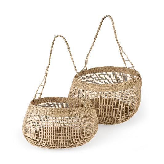 Nova 15.0L x 15.0W x 9.4H (Set of 2) Light Brown Seagrass Woven Round Basket W/ Long Handle