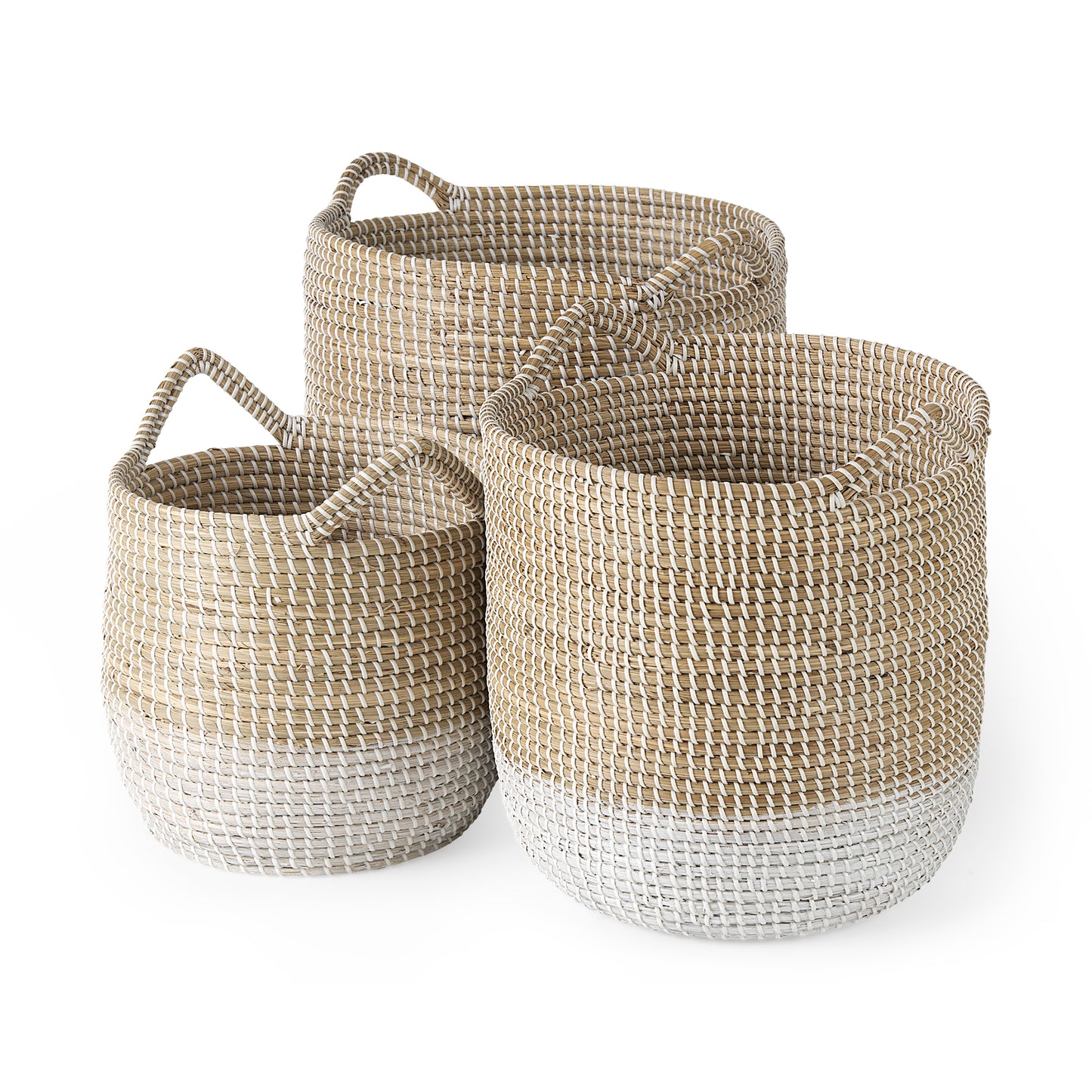 Maddie 13.8L x 13.8W X 15.0H (Set of 3) Light Brown W/White Dipped Seagrass Round Basket W/ Handles
