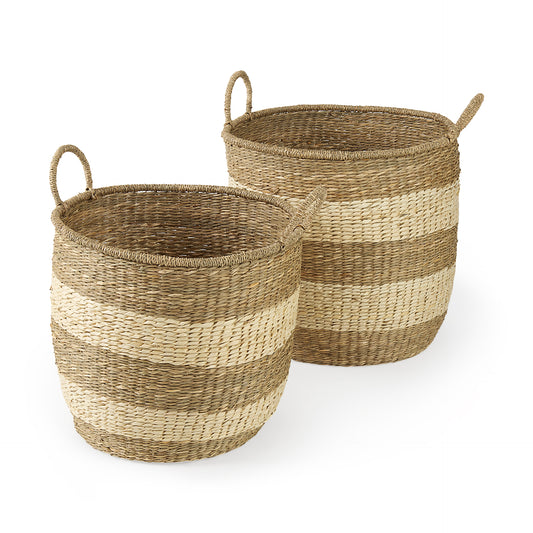 Bradley 18.1L x 18.1W x 16.0H (Set of 2) Light Brown W/Striped Seagrass Basket W/ Handles