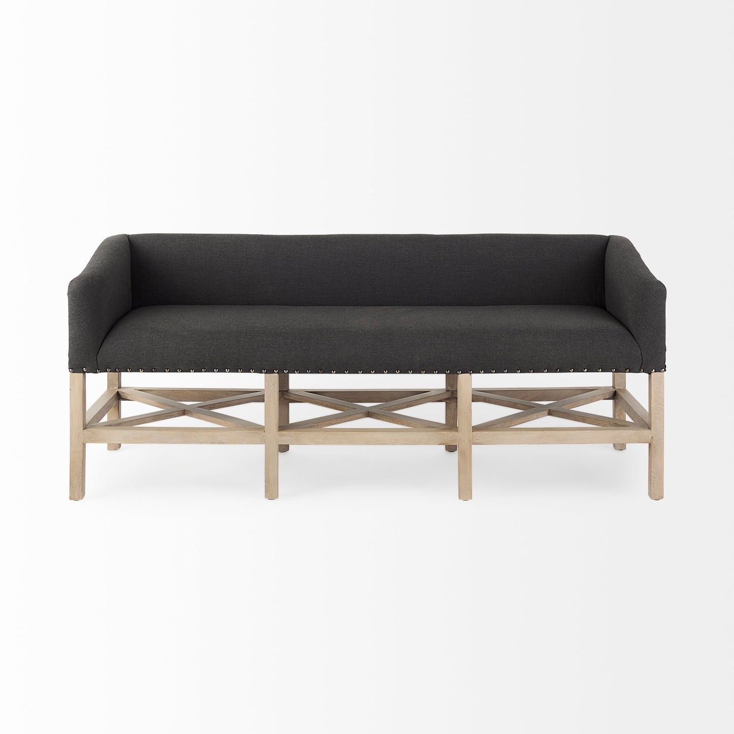Bergen 60.0L x 19.0W x 25.5H Dark Gray Fabric W/ Light Brown Wooden Base Accent Bench