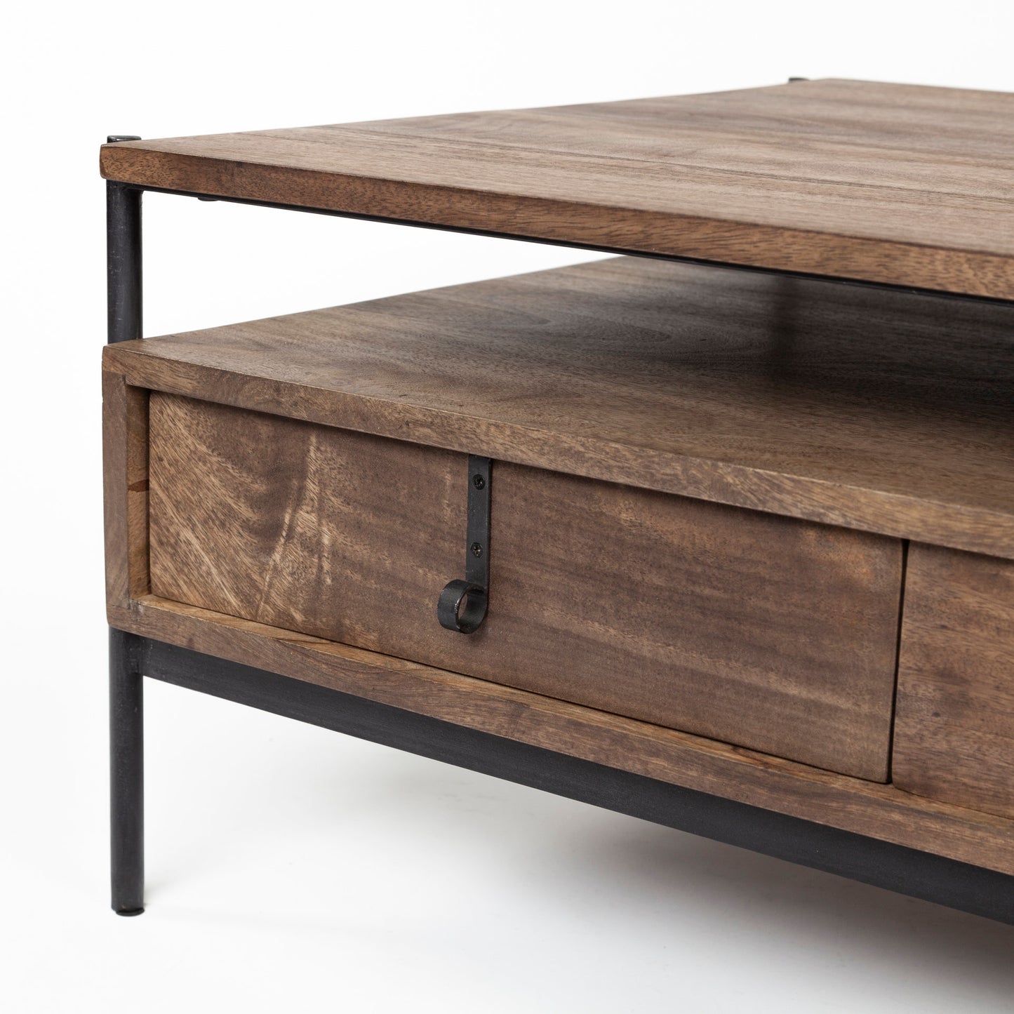 Glenn II 54x30 Dark Brown Wood w/ Black Iron Frame, Rectangle 3 Drawers Coffee Table