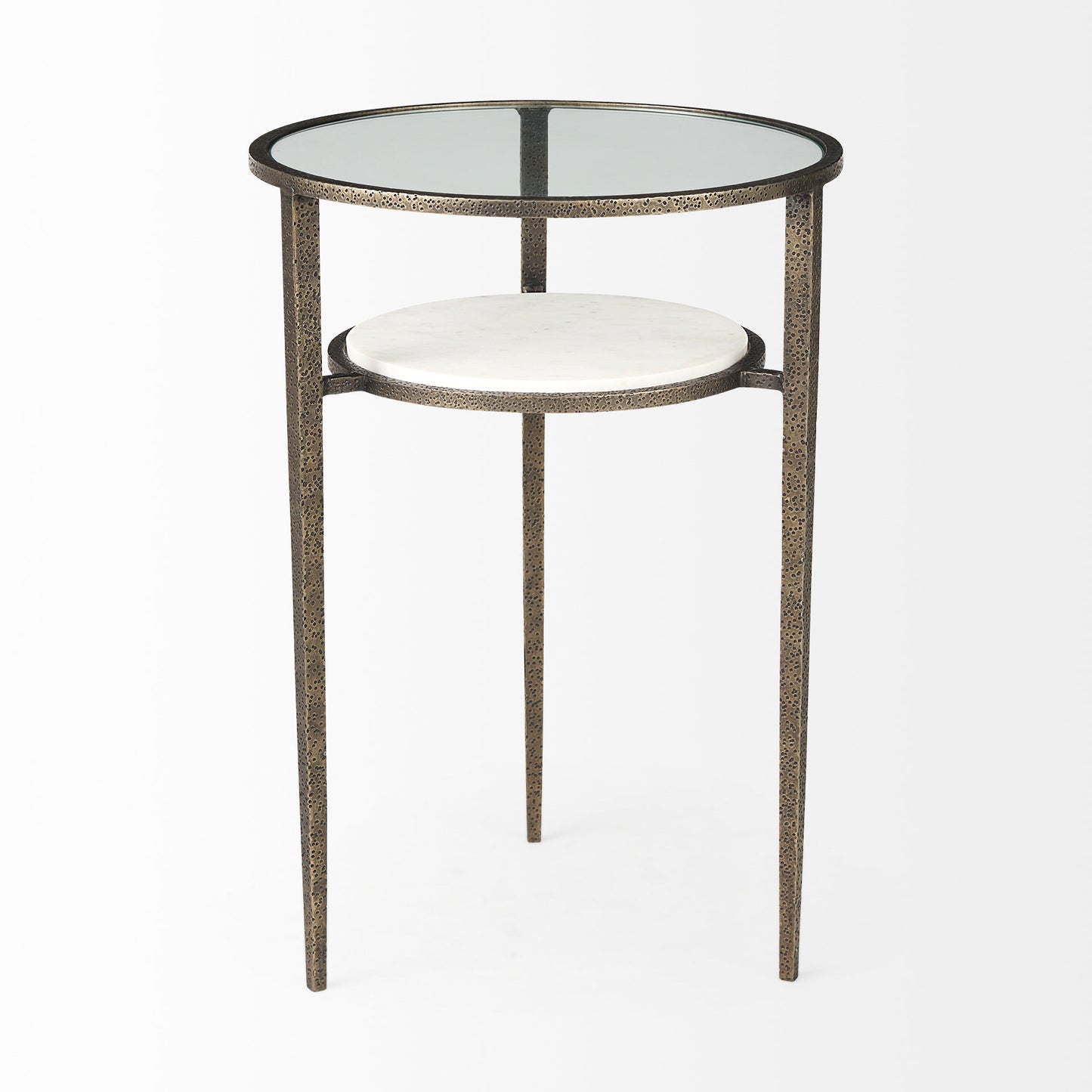Felicity 15.8L X 15.8W X 22.5H Glass Top W/ White Marble Shelf and Antique Gold Base End/Side Table