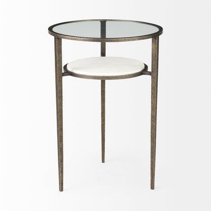 Felicity 15.8L X 15.8W X 22.5H Glass Top W/ White Marble Shelf and Antique Gold Base End/Side Table