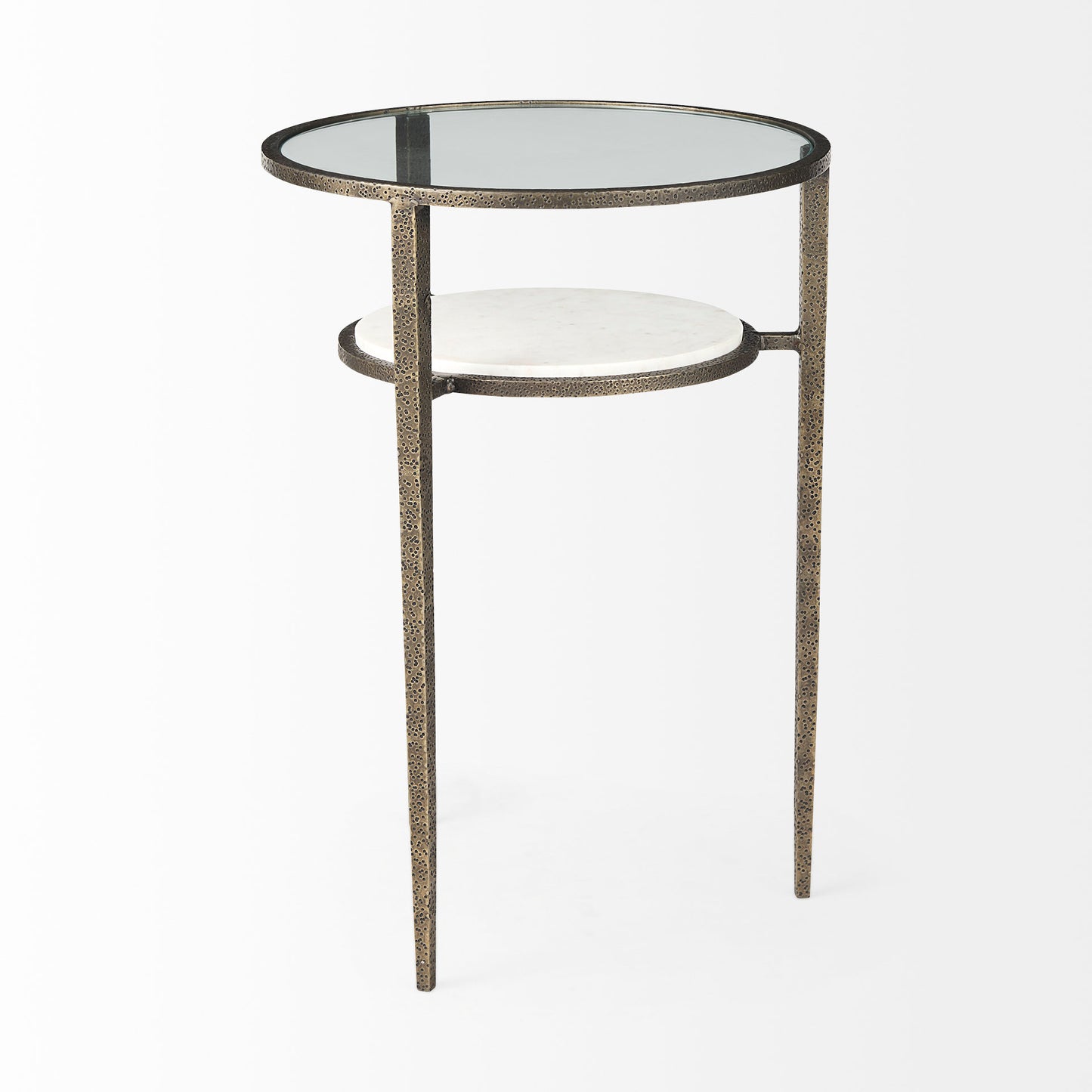 Felicity 15.8L X 15.8W X 22.5H Glass Top W/ White Marble Shelf and Antique Gold Base End/Side Table