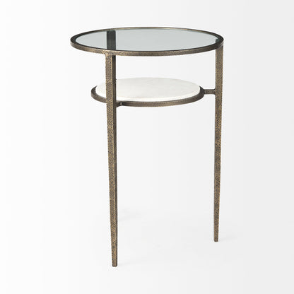 Felicity 15.8L X 15.8W X 22.5H Glass Top W/ White Marble Shelf and Antique Gold Base End/Side Table