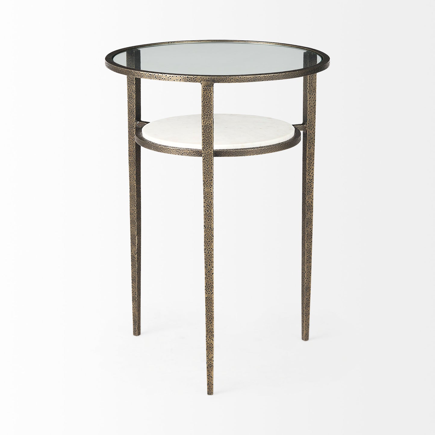 Felicity 15.8L X 15.8W X 22.5H Glass Top W/ White Marble Shelf and Antique Gold Base End/Side Table