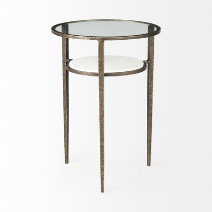 Felicity 15.8L X 15.8W X 22.5H Glass Top W/ White Marble Shelf and Antique Gold Base End/Side Table