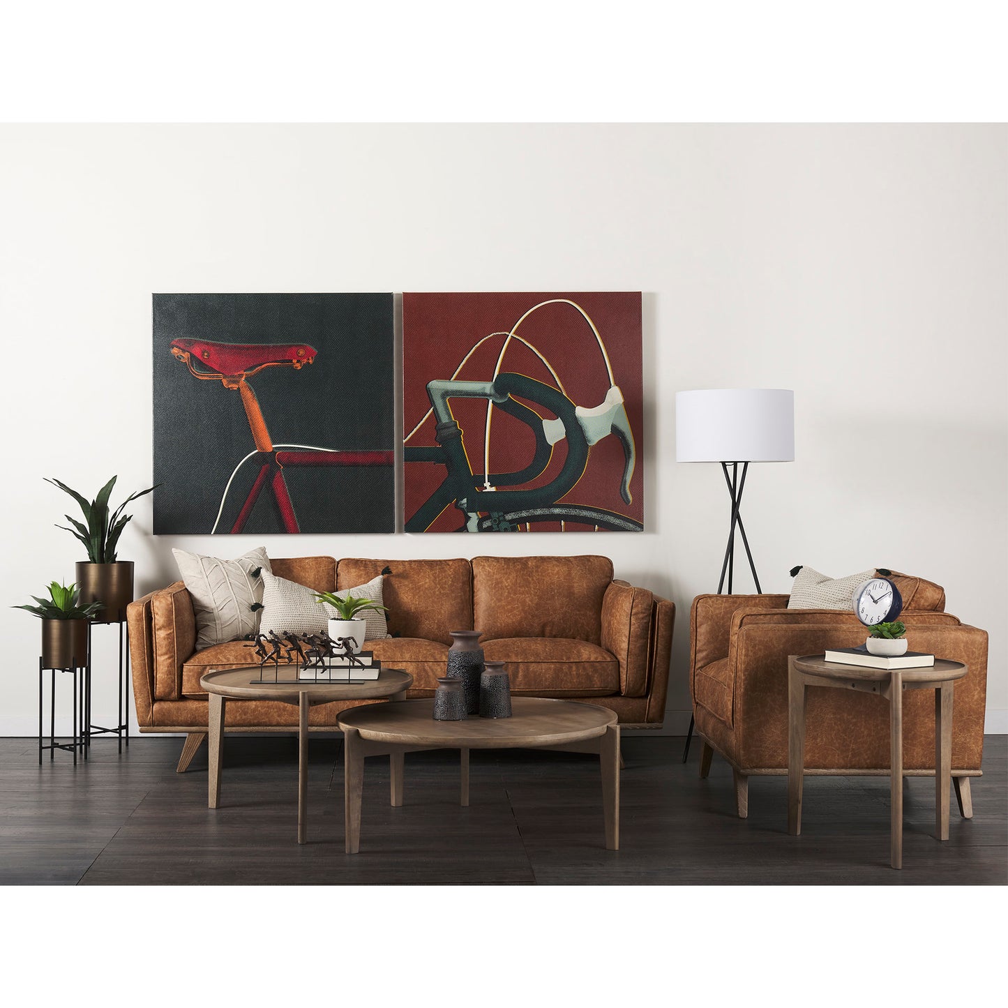 Brooks 90.2L x 34.8W x 33.5H Cognac Brown Faux Leather Three Seater Sofa W/ Medium Brown Wooden Legs