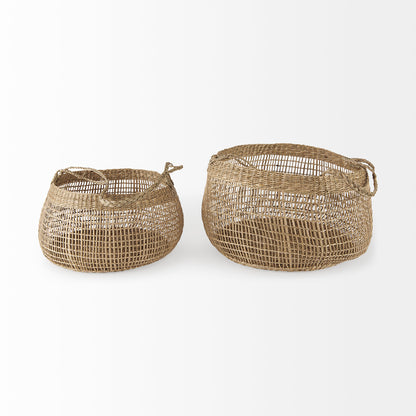 Nova 15.0L x 15.0W x 9.4H (Set of 2) Light Brown Seagrass Woven Round Basket W/ Long Handle