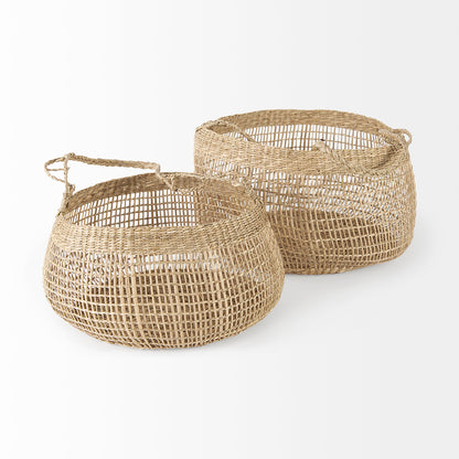 Nova 15.0L x 15.0W x 9.4H (Set of 2) Light Brown Seagrass Woven Round Basket W/ Long Handle