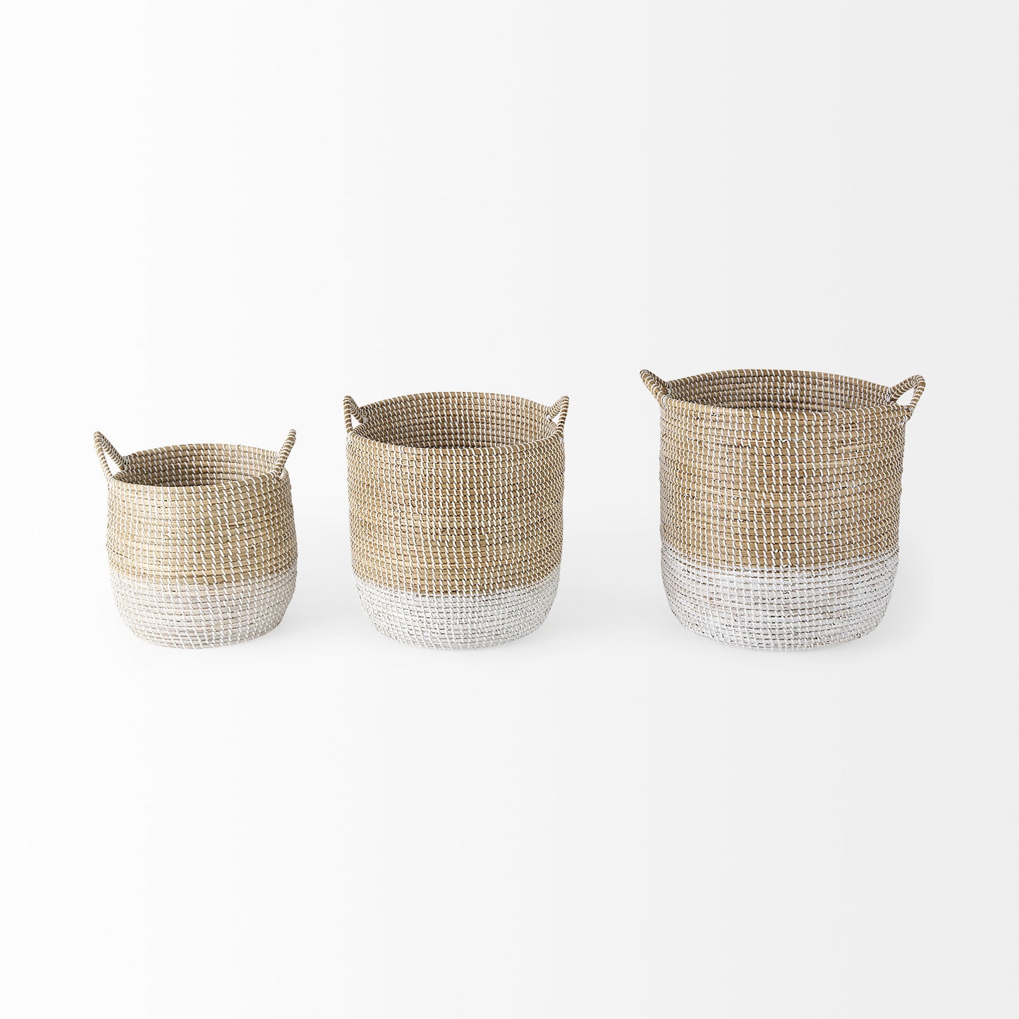 Maddie 13.8L x 13.8W X 15.0H (Set of 3) Light Brown W/White Dipped Seagrass Round Basket W/ Handles