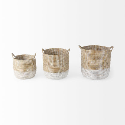 Maddie 13.8L x 13.8W X 15.0H (Set of 3) Light Brown W/White Dipped Seagrass Round Basket W/ Handles