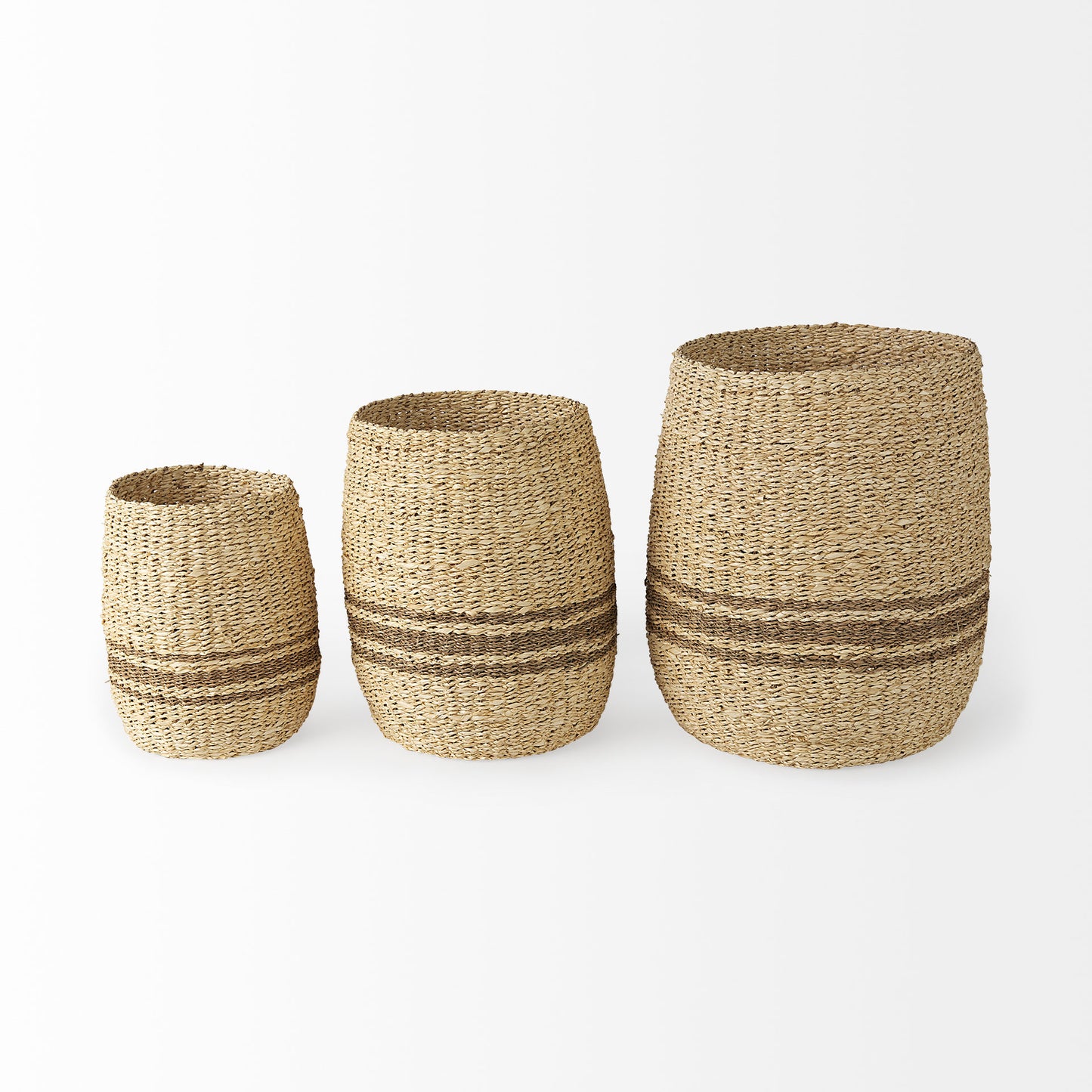 Sivannah 19.7L x 19.7W x 23.6H (Set of 3) Light Brown and Medium Brown Striped Seagrass Round Basket
