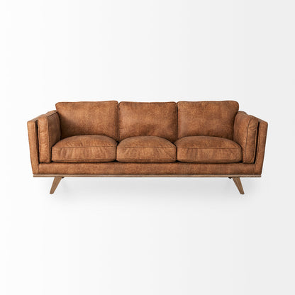 Brooks 90.2L x 34.8W x 33.5H Cognac Brown Faux Leather Three Seater Sofa W/ Medium Brown Wooden Legs