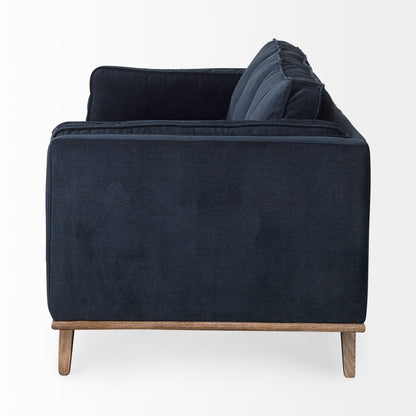 Brooks 90.2L x 34.8W x 33.5H Navy Blue Fabric Three Seater Sofa W/ Medium Brown Wooden Legs