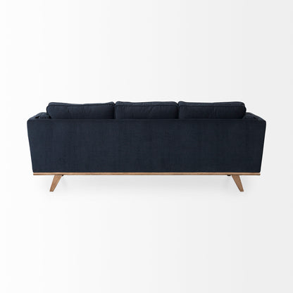 Brooks 90.2L x 34.8W x 33.5H Navy Blue Fabric Three Seater Sofa W/ Medium Brown Wooden Legs