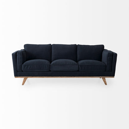 Brooks 90.2L x 34.8W x 33.5H Navy Blue Fabric Three Seater Sofa W/ Medium Brown Wooden Legs