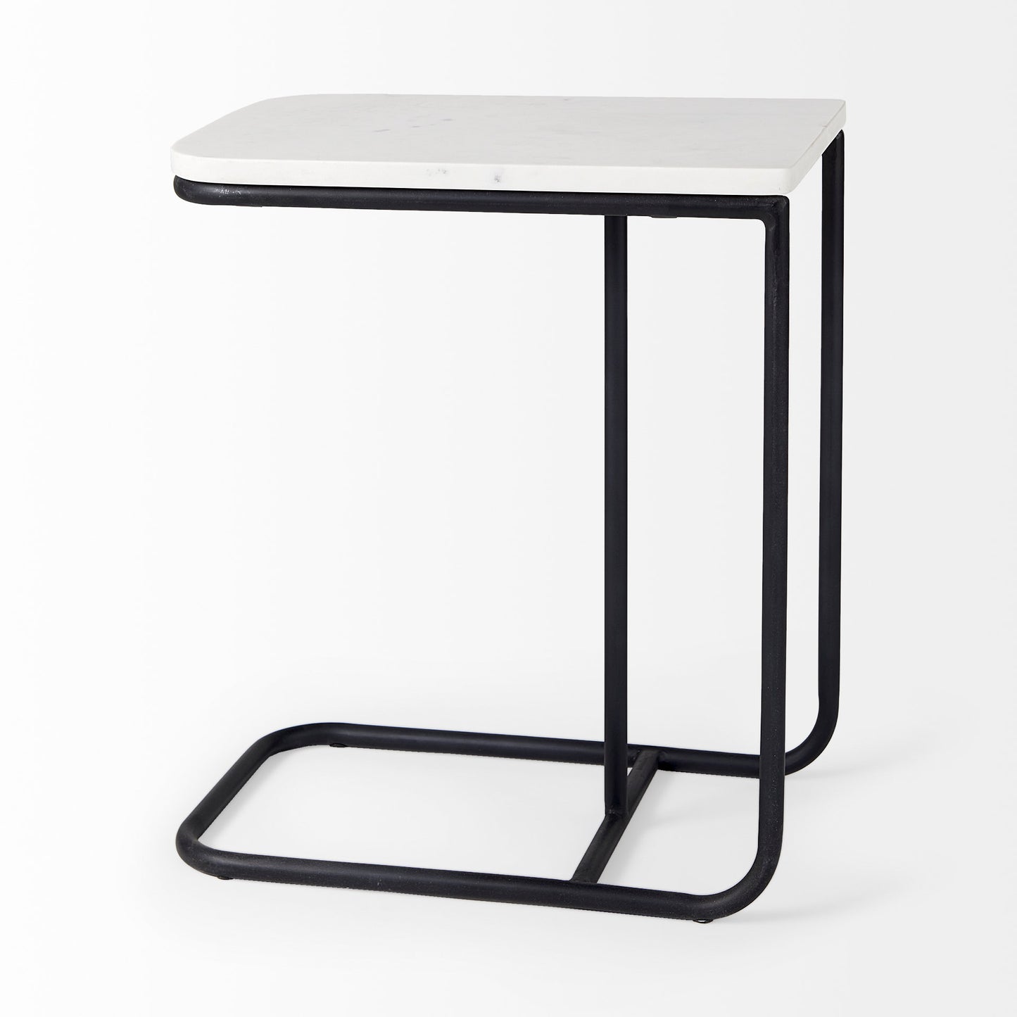 Kyra 12.0L x 20.0W x 23.0H White Marble Top W/Black Iron Frame C-Shaped End and Side Table