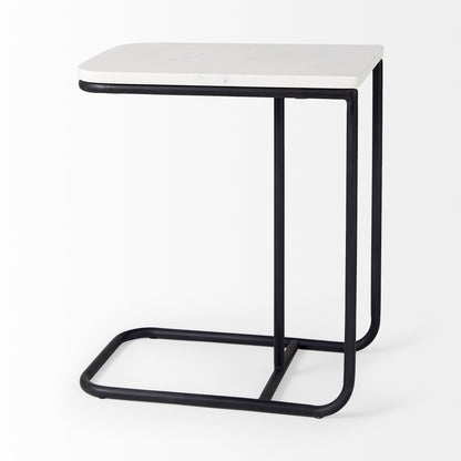 Kyra 12.0L x 20.0W x 23.0H White Marble Top W/Black Iron Frame C-Shaped End and Side Table