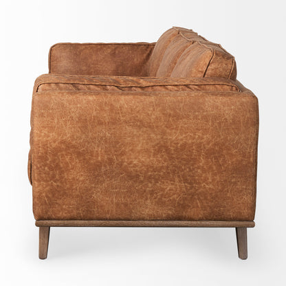 Brooks 90.2L x 34.8W x 33.5H Cognac Brown Faux Leather Three Seater Sofa W/ Medium Brown Wooden Legs