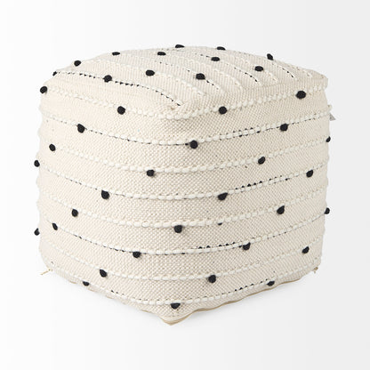 Amaira 16.0L x 16.0W x 16.0H Cream/Black/White patterned Wool and Cotton Pouf