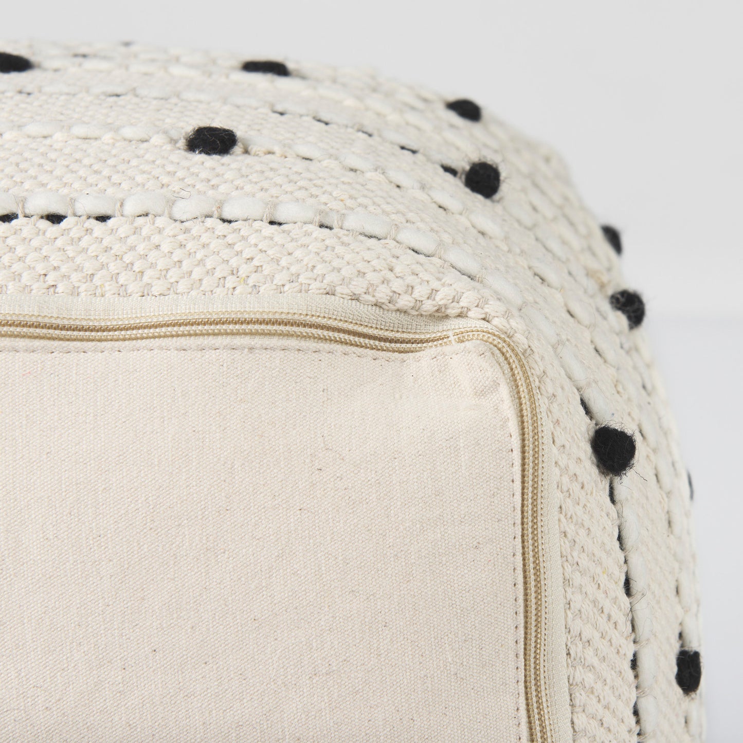 Amaira 16.0L x 16.0W x 16.0H Cream/Black/White patterned Wool and Cotton Pouf
