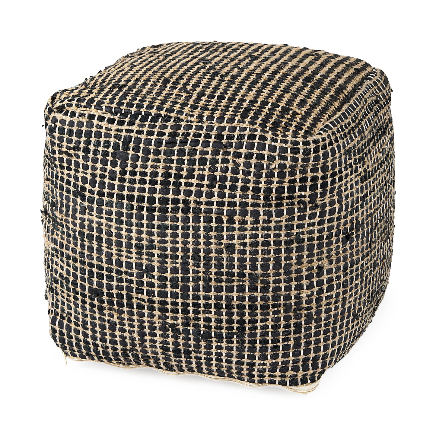 Aalia 16.0L x 16.0W x 16.0H Charcoal Leather and Jute Pouf