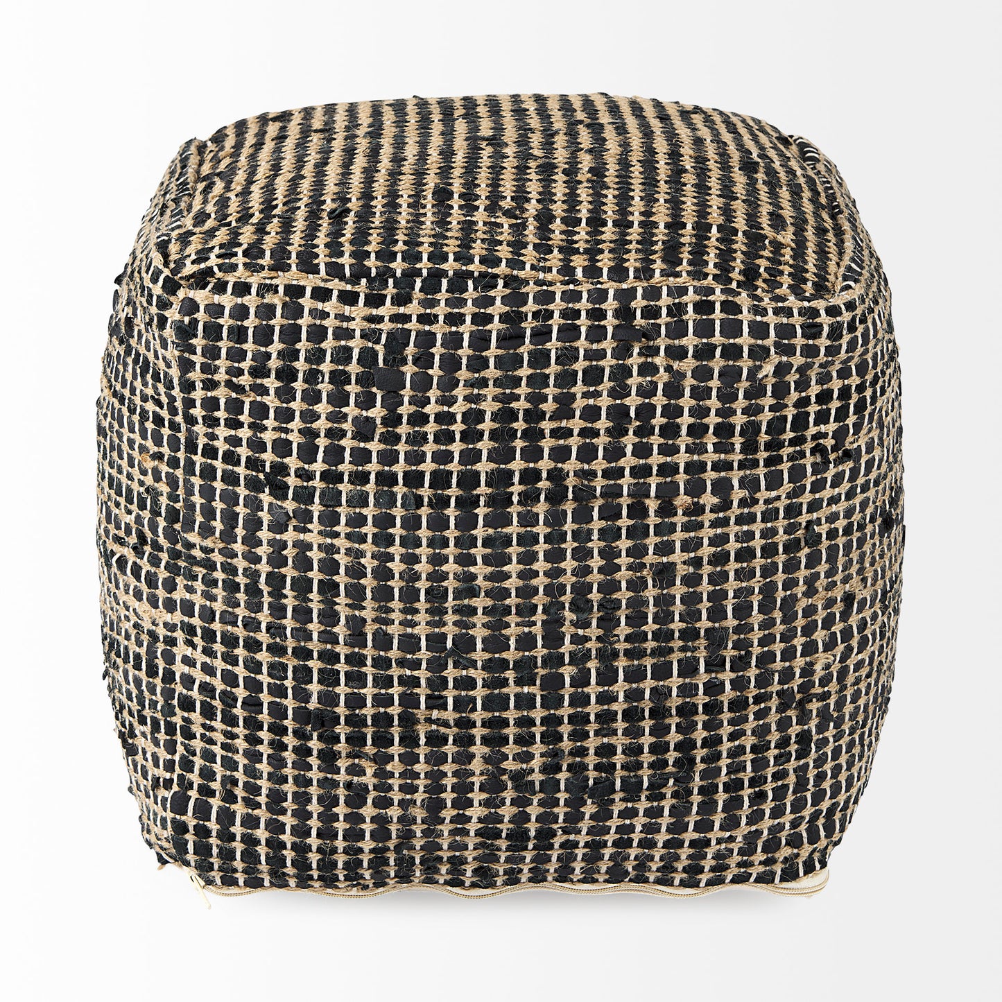 Aalia 16.0L x 16.0W x 16.0H Charcoal Leather and Jute Pouf