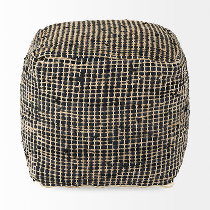 Aalia 16.0L x 16.0W x 16.0H Charcoal Leather and Jute Pouf