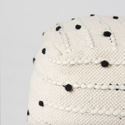 Amaira 16.0L x 16.0W x 16.0H Cream/Black/White patterned Wool and Cotton Pouf