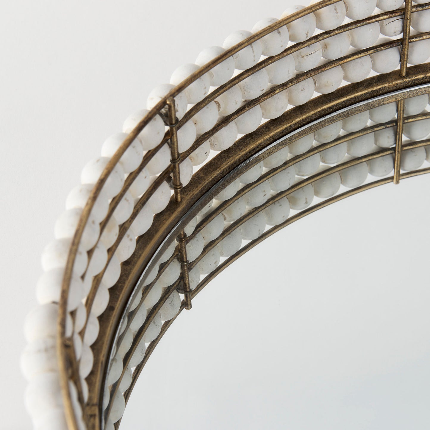 Decatur I 21L x 21W White Wooden Bead Mirrored Bottom Round Tray