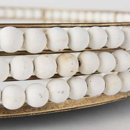 Decatur I 21L x 21W White Wooden Bead Mirrored Bottom Round Tray