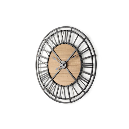 Lewiston 30.1L x 2.0W x 30.1H Black Iron W/Wood Round Wall Clock