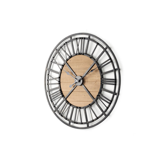 Lewiston 30.1L x 2.0W x 30.1H Black Iron W/Wood Round Wall Clock