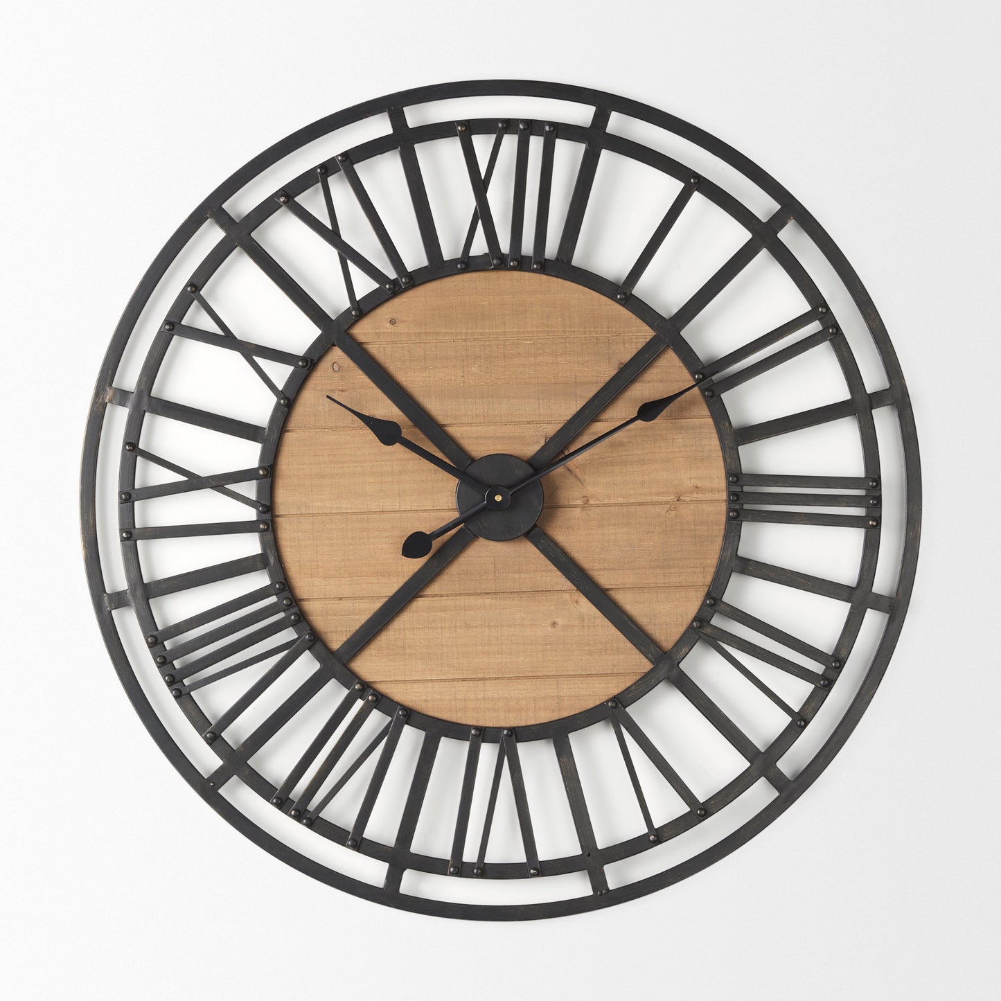 Lewiston 30.1L x 2.0W x 30.1H Black Iron W/Wood Round Wall Clock