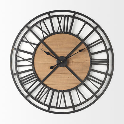 Lewiston 30.1L x 2.0W x 30.1H Black Iron W/Wood Round Wall Clock